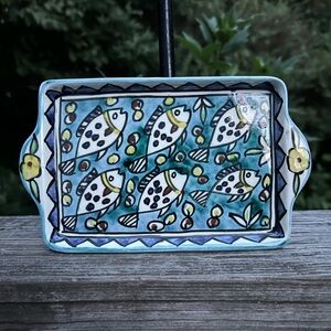 Vintage Ceramic Signed Jerusalem Tray or Dish School of Fish Preowned 6.75” L